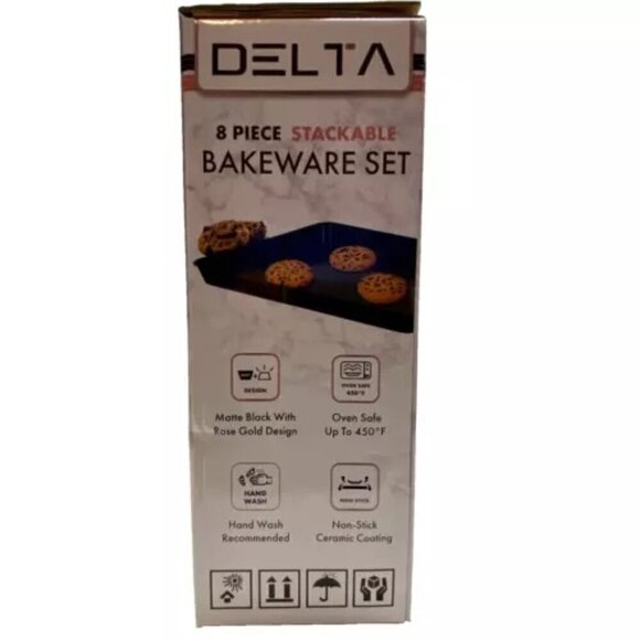 Delta 8 Piece Nonstick Stackable Bakeware Set Matte Black Rose Gold Trim NIB - Picture 2 of 13